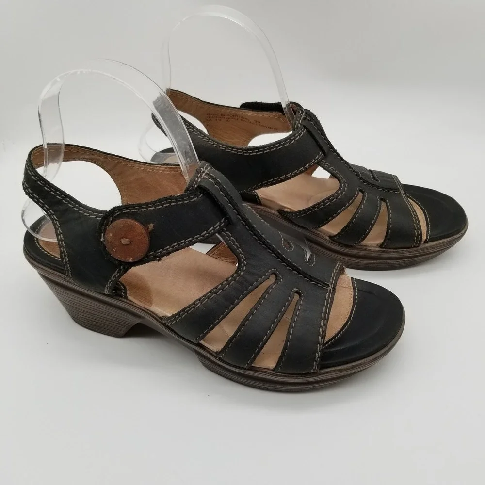 Sanita‎ Womens Black Leather Strappy Wedge Sandals Size 39 US 8.5 Portugal